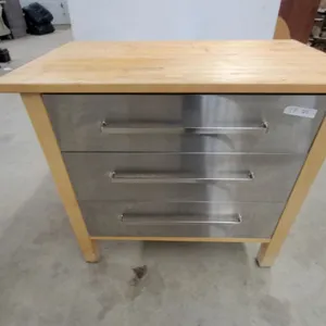 Wooden Kitchen Island with Butcher Block Top and Three Stainless Steel Pull-Out Bins 35 x 42 x 25"