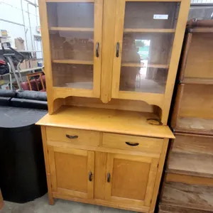 Vintage Wooden Hutch China Cabinet with Glass Doors, Two Drawers, and Lower Cabinet Storage 2pce
