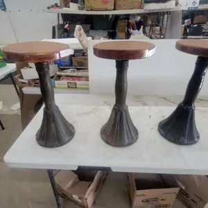 Vintage Industrial Cast Iron Pedestal Stools with Round Wood Seats, Set of 3