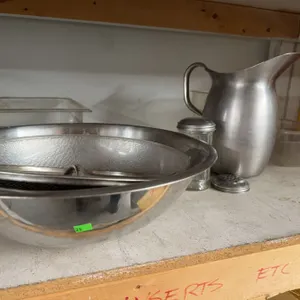Stainless Steel Mixing Bowls, Pitcher, and Shakers Lot