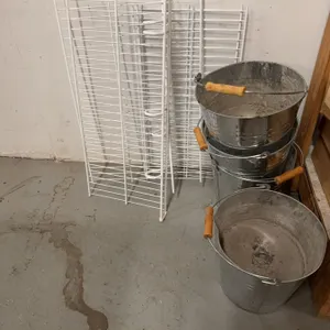 3 Metal Buckets with Wooden Handles and 5 Wire Shelves
