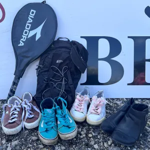 Lot: Shoes, Tennis Racket, Cap, Backpack