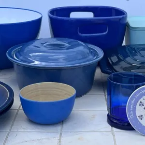 Blue Tableware Lot: Plates, Bowls, Casserole, Glasses