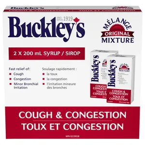 BUCKLEY'S ORIGINAL MIXTURE SYRUP FOR COUGH AND CONGESTION RELIEF, 2 X 200 ML