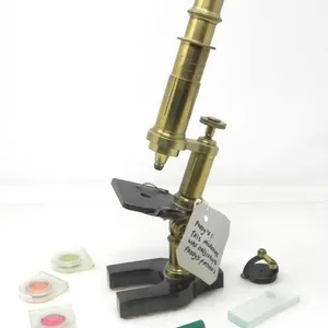 ANTIQUE BRASS MICROSCOPE WITH NEWER ACCESSORIES
