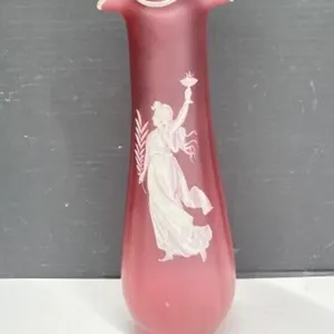 Mary Gregory Style Frosted Cranberry Glass Vase,