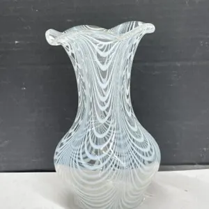 White & Clear Swirl Art Glass Vase, 7 " tall