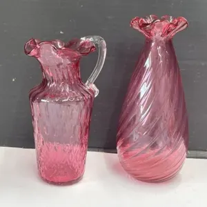 2pcs Cranberry Glass - Pitcher With Clear Handle