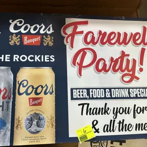 A Coors Light and Coors Banquet "Farewell Party" Advertising Poster. (Coors, 2020s) Features graphics of Coors Light and Coors Banquet cans alongside 