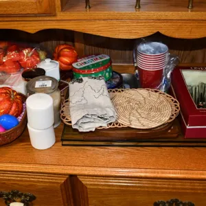 Various Household Items To Include Oneida Flatware, Candles, Cookie Tins, And More