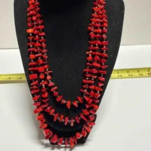 3 Strands Red Coral like stones, Brown filler bead