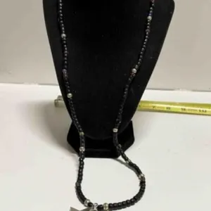 925 Silver Star Pendant Black Bead Necklace 30"