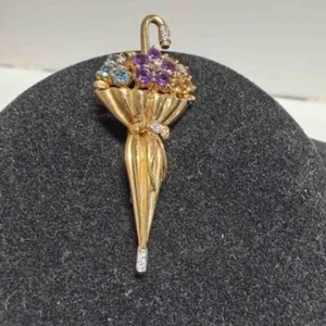 Umbrella Vintage Brooch Multi Color Rhinestones