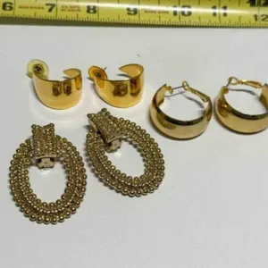 3 pr Gold tone Earrings-clip on hoops, textured