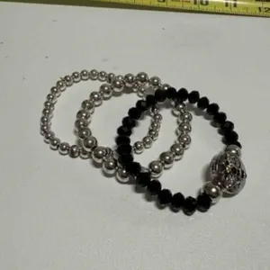 3 Stretch Bracelets-Black Glass Beads, silver