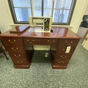 White Sewing Machine in Cabinet w/Contents