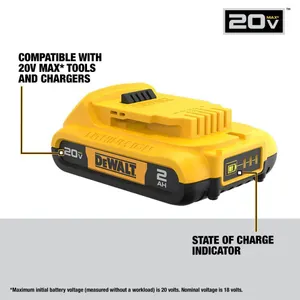 DEWALT 20V MAX 2.0 Ah Compact Lithium-Ion Rechargeable Battery Pack (DCB203) - New/Non-Retail Packaging
