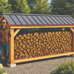 DIY KIT - Rustic Firewood Rack Kit w/ Metal Roof Description: Keep your firewood organized, dry, and ready to use year-round with this attractive rust