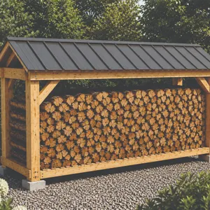 DIY KIT - Rustic Firewood Rack Kit w/ Metal Roof Description: Keep your firewood organized, dry, and ready to use year-round with this attractive rust