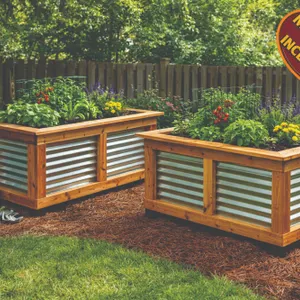 DIY KIT:  (2)  2'x5' Raised Garden Bed Kit - Cedar & Corrugated Metal Kit - DESCRIPTION: Raised Garden Planters Kit - Rustic Wood & Me