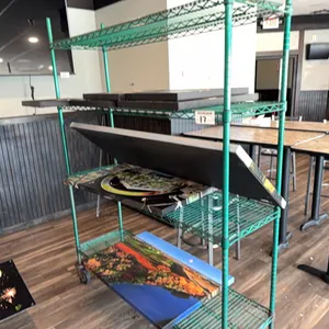 59"x18"x80" portable shelf w/ assorted wall decor