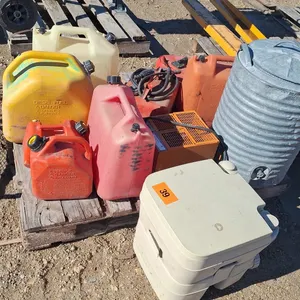 6 - Jerry Cans, Camper Port-a-Potty *never used*, 220V Construction Heater *works*, 2 - Boat Gas Cans, Antique Water Canteen