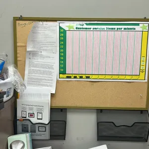 Office organization set. Includes (3) 14" black metal wire mesh wall-mount organizers and (1) 3'x2' wood-framed corkboard. Contents not included.