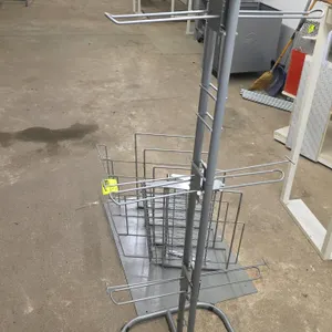 Assorted retail wire displays. Includes (1) freestanding metal display stand with an upper sign frame and adjustable loop-style prongs, along with ass