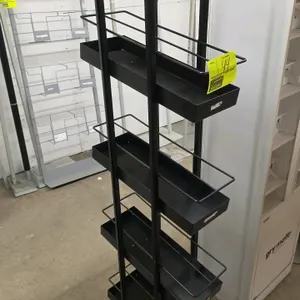 LIFEWTR portable metal merchandise display rack. Features four slanted tray shelves with wire safety rails and a black finish. Includes top-mounted LI