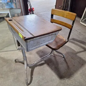 Vintage Wood/Metal School Desk with Swivel Chair & Flip Top