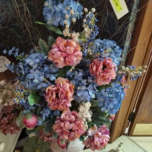 Ornate Ceramic Planter with Floral Arrangement, 45"H