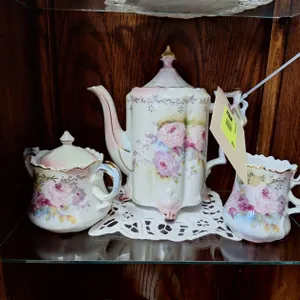 Antique Style Porcelain Teapot, Sugar and Creamer, 7"