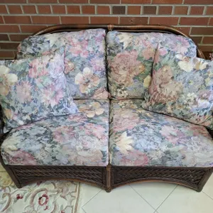 Wicker Loveseat with Floral Upholstery, 53"W