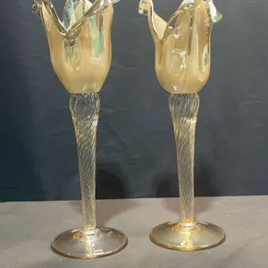 A Pair of Murano White Crystal Hand-Blown Glass Votive Holders, 13 in.