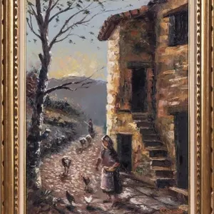 SIGNED VILLAGE SCENE WITH POULTRY