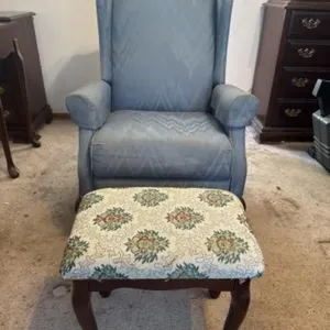 Blue Formal Reclining Chair w/ Footstool
