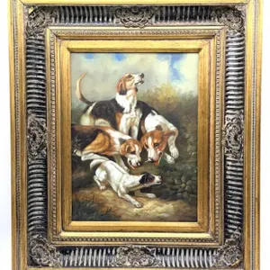 Hound Dogs Painting, Framed 22” x 26”