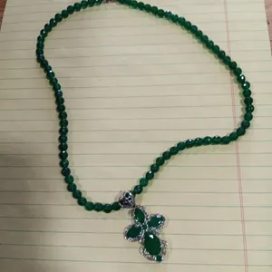 Cross Necklace With Green Beads.