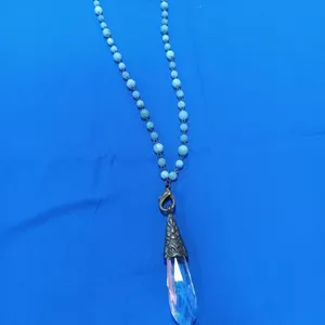 Pendant Necklace.  Light Aqua Blue Beads & Clear