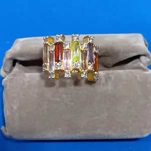 Multi Colored Emerald Cut Yellow Gold Ring.