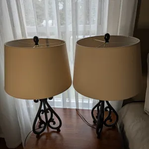 Pair of Wrought Iron Table Lamps with Fabric Shades