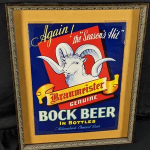 CARDSTOCK SIGN AGAIN! "THE SEASON'S HIT" BRAUMEISTER GENUINE BOCK BEER IN BOTTLES MILWAUKEE WISCONSI