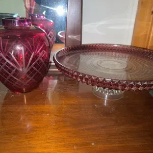 Cranberry Cut Glass Vase & Pedestal Tray