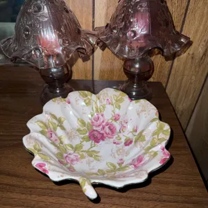 Pink Cabbage Rose Fairy Lamp Set & Floral Serving Bowl