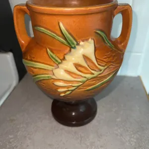 Roseville Pottery-rare Freesia double handled vase