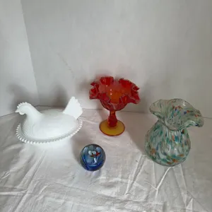 Large milk glass Hen on nest, amberina and more