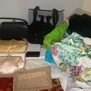 Vintage handbags, evening bags, and scarves.