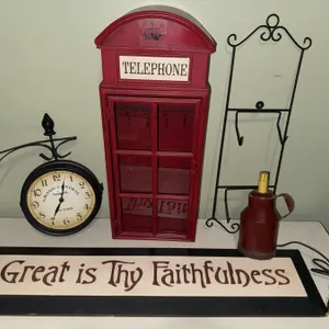 Decorative Wall Clock, Telephone Booth Key Holder, Sign, and Metal Stand Group