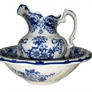 Blue and White Floral Porcelain Pitcher and Basin Set