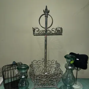 Lot: Iron Scrollwork Stand, Glass Candle Holders, Decorative Birdcage, Chalkboard Sign